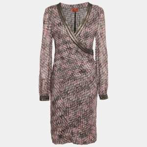 Pre Owned Missoni Pink Patterned Lurex Knit Faux Wrap Midi Dress L