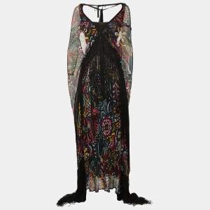Pre Owned Missoni Multicolor Printed Mesh Fringe Detail Maxi Dress M