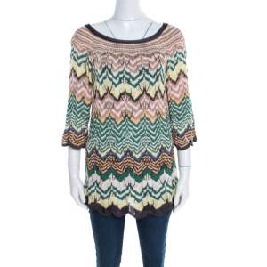 Pre Owned Missoni Multicolor Pattenred Perforated Knit Scalloped Hem Top M