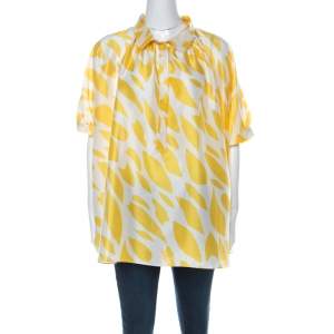 Pre Owned Missoni Yellow & White Printed Silk Collared Short Sleeve Oversized Blouse S