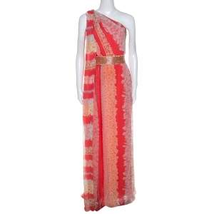 Missoni Coral Pink Floral Print Silk One Shoulder Maxi Dress S