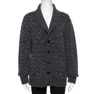 Pre Owned Missoni Grey Chevron Knit Wool Shawl Collar Cardigan L