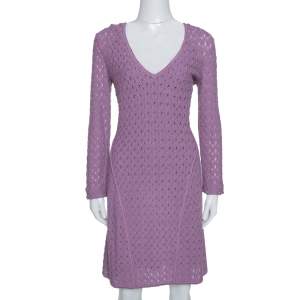 Missoni Purple Wool Blend Perforated Knit Long Sleeve Dress S