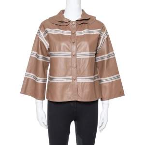 Pre Owned Missoni Brown Striped Leather Detachable Collar Detail Jacket M