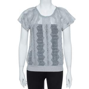 Missoni Metallic Silver Jacquard Knit Raglan Sleeve Top S