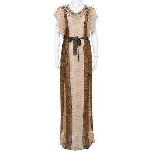 Missoni Beige Lurex Knit Stone Embellished Sleeveless Belted Maxi Dress M