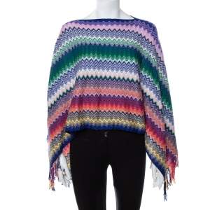 Pre Owned Missoni Multicolor Chevron Patterned Knit Fringe Detail Poncho (One Size)