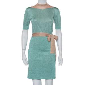 Pre Owned Missoni Mint Green & Pink Lurex Knit Belted Mini Dress M