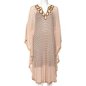 Pre Owned Missoni Light Pink Lurex Knit Contrast Trim Detail Sheer Kaftan Dress M