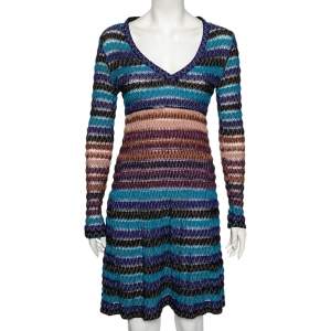 Pre Owned Missoni Multicolored Perforated Wool Knit Long Sleeve Flared Dress M