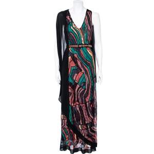 Pre Owned Missoni Multicolour Patterned Knit Overlay Detail Belted Maxi Dress S