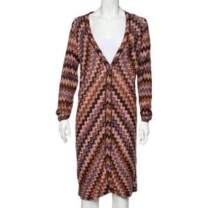 Missoni Brown Zigzag Pattern Knit Button Front Long Cardigan M