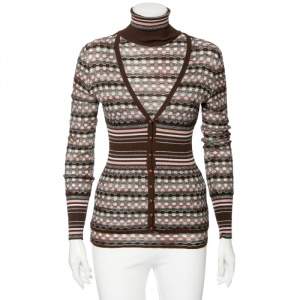 Missoni Brown Wool And Lurex Knit Turtle Neck Sleeveless Top & Button Front Cardigan Set M