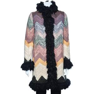 Missoni Multicolor patterned Wool Faux Fur Trim Detail Button Front Coat M