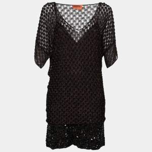 Pre Owned Missoni Black Lurex Knit & Crystal Embellished Tiered Mini Dress M