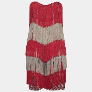Pre Owned Missoni Green & Red Fringed Knit Strapless Short Dress M