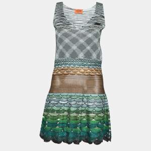 Pre Owned Missoni Multicolor Wave Patterned Knit Sleeveless V Neck Flared Hem Dress M