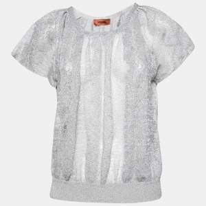 Pre Owned Missoni Silver Textured Lurex Knit Top M