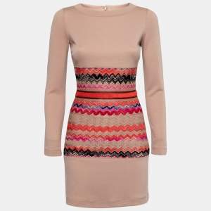 Pre Owned Missoni Beige Patterned Inset Knit Long Sleeve Dress S