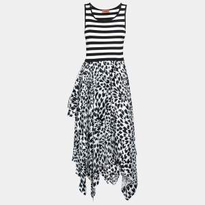 Pre Owned Missoni Monochrome Stripe and Floral Printed Knit Flared Dress S