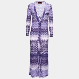 Pre Owned Missoni Purple Patterned Lurex Knit Button Front Long Cardigan S