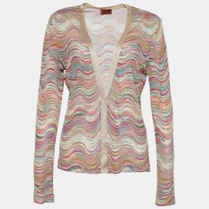 Pre Owned Missoni Beige Zig Zag Knit Button Front Cardigan L