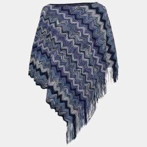 Pre Owned Missoni Blue Crochet Knit Fringed Poncho ( One Size )