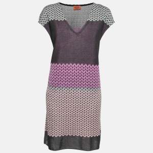 Missoni Black Multicolor Patterned Knit V-Neck Mini Dress L