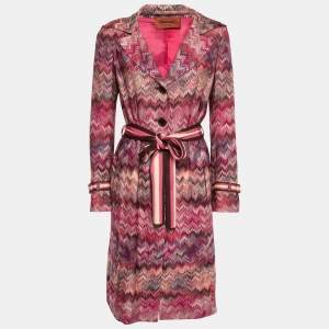 Missoni Pink Multicolor Chevron Patterned Knit Belted Coat M