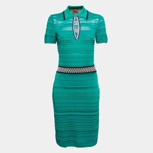 Pre Owned Missoni Green Patterned Knit Collared Midi Dress M
