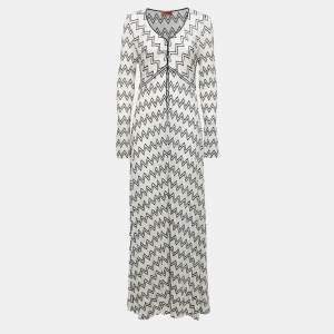 Missoni White Metallic Chevron Patterned Knit Open Long Cardigan L