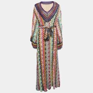 Missoni Multicolor Patterned Lurex Knit Full Sleeve Belted Maxi Dress M
