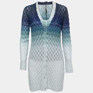 Pre Owned Missoni Blue Ombre Lurex Knit Button Front Long Cardigan S/M