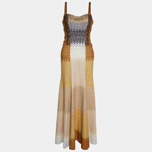 Missoni Brown Patterned Knit Embellished Strap Sleeve Gown S