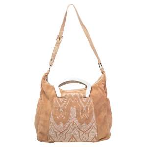 Missoni Beige Embroidered Suede And Leather Top Handle Bag