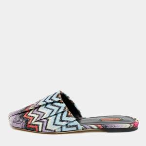 Pre Owned Missoni Multicolor Zig Zag Metallic Fabric Flat Mules Size 37 