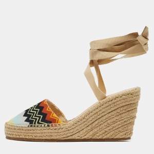 مملوكة مسبقًا Missoni Size 38 Multicolor zig zag Canvas Espadrille Ankle Wrap Wedge Sandals