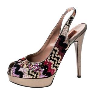 Pre Owned Missoni Multicolor Fabric Embellished Slingabck Peep Toe Platfrom Sandals Size 40