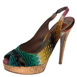  Missoni Multicolor Knit Fabric Platform Peep Toe Slingback Sandals Size 38