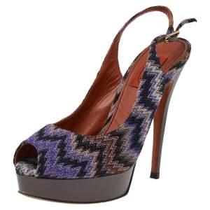 Pre Owned Missoni Multicolour Knit Fabric Peep Toe Platform Slingback Sandals Size 38