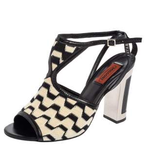 Pre Owned Missoni Cream/Black Knit Fabric and Leather Open-Toe Ankle Strap Sandals Size 39