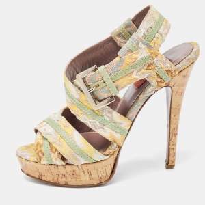 Missoni Multicolor Crochet Fabric And Leather Trim Ankle Strap Platform Sandals Size 37.5