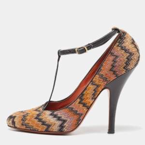 Missoni Black/Orange Fabric and Leather Ankle T-Strap Pumps Size 37