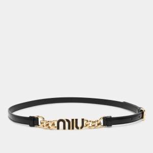 Miu Miu Black Leather Logo Chain Link Waist Belt 85CM