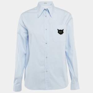 Miu Miu Blue Stretch Poplin Cat Applique Button Front Shirt S