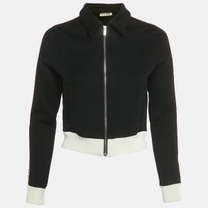 Pre Owned Miu Miu Black Logo Side Trim Jersey Crop Track Jacket M