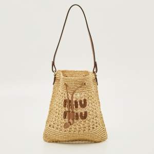 Pre Owned Miu Miu Brown/Natural Woven Raffia Mini Bucket Bag