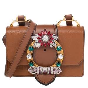 Miu Miu Brown Madras Leather Crystal Embellished Flap Shoulder Bag
