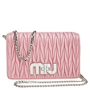 MIU MIU Pink Matelasse Leather Small Miu Logo Delice Shoulder Bag