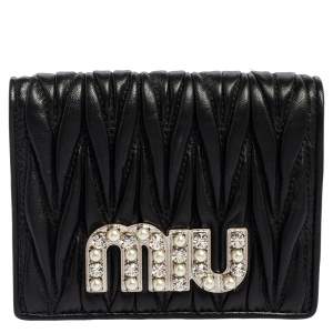 Pre Owned Miu Miu Black Matelassé Leather Crystal Embellished Flap Compact Wallet